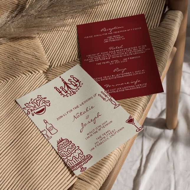 Invitación Hand Drawn Burgundy Romantic All In One Wedding (Subido por el creador)