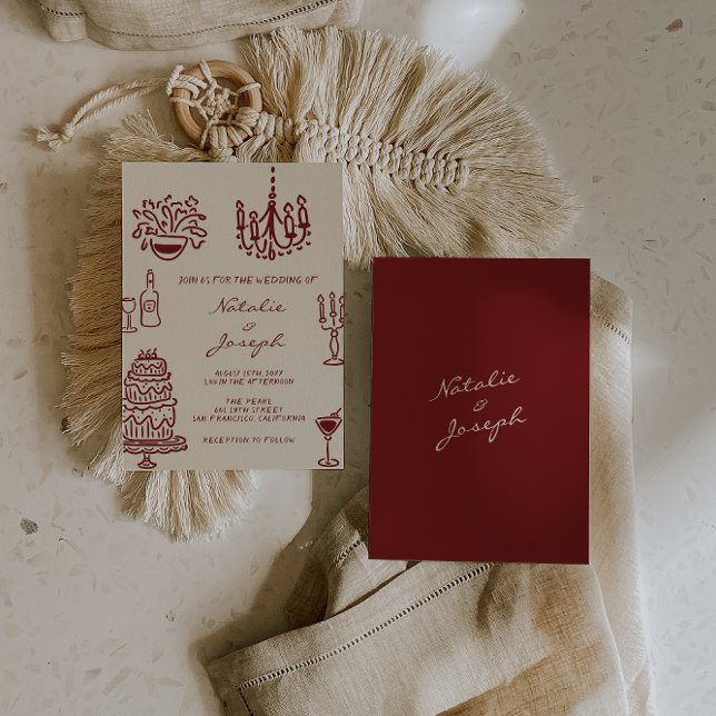 Invitación Hand Drawn Burgundy Romantic Whimsical Wedding (Subido por el creador)
