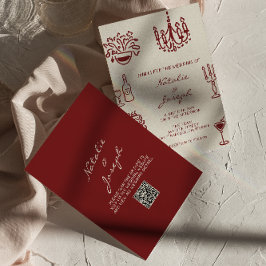 Invitación Hand Drawn Burgundy Whimsical QR Code Wedding