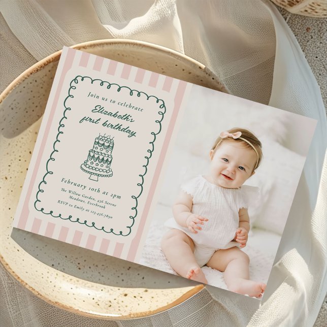 Invitación Hand Drawn Cake Quirky Unique 1st Birthday Photo (Subido por el creador)