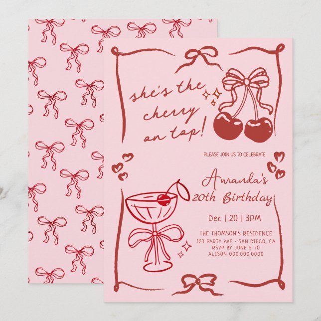 Invitación  hand-drawn cherry martini birthday (Anverso / Reverso)