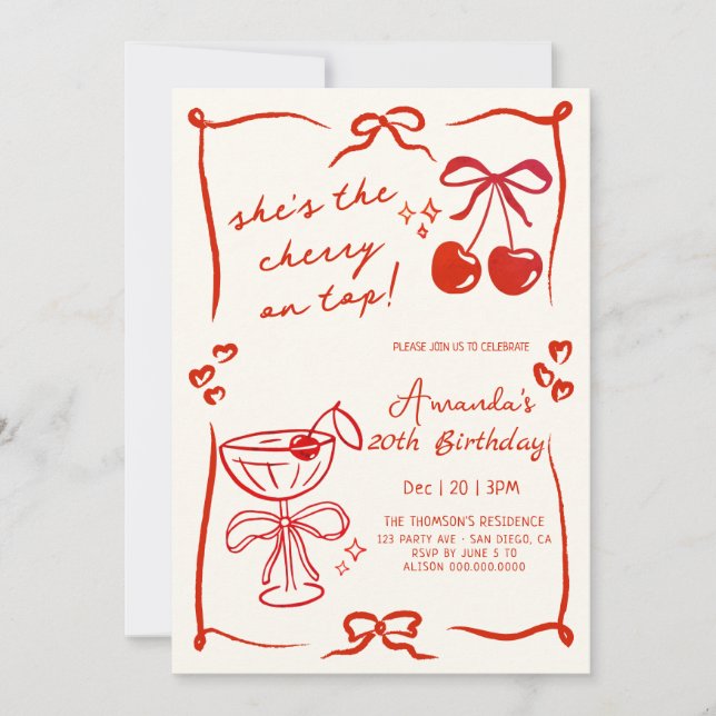 Invitación hand-drawn cherry martini birthday invitation (Anverso)
