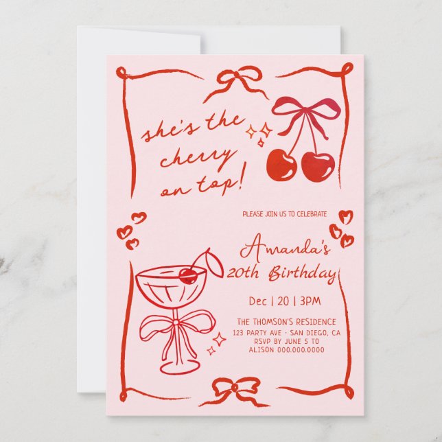Invitación hand-drawn cherry martini birthday invitation (Anverso)