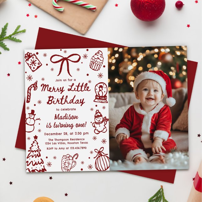 Invitación Hand Drawn Christmas Merry Little Birthday Photo (Subido por el creador)