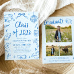 Invitación Hand Drawn Class of 2026 Blue Graduation Party<br><div class="desc">Celebrate this incredible milestone in bold, modern style 💙🎓✨ This Hand Drawn Class of 2026 Blue Graduation Party Invitation is playful, confident, and full of personality. Featuring fun doodle icons, trendy handwritten typography, and fresh blue accents, this design blends modern charm with a clean, stylish layout. Graduation caps, books, bows,...</div>