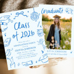 Invitación Hand Drawn Class of 2026 Blue Graduation Party<br><div class="desc">Celebrate this incredible milestone in bold, modern style 💙🎓✨ This Hand Drawn Class of 2026 Blue Graduation Party Invitation is playful, confident, and full of personality. Featuring fun doodle icons, trendy handwritten typography, and fresh blue accents, this design blends modern charm with a clean, stylish layout. Graduation caps, books, bows,...</div>