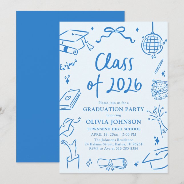Invitación Hand Drawn Class of 2026 Blue Graduation Party (Anverso / Reverso)