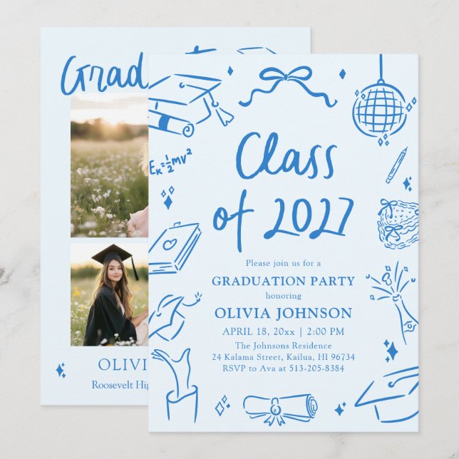 Invitación Hand Drawn Class of 2027 Blue Graduation Party (Anverso / Reverso)