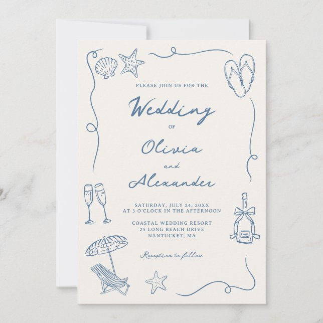 Invitación Hand Drawn Coastal Beach Dusty Blue Ivory Wedding (Anverso)