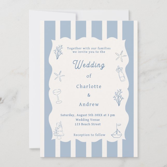 Invitación Hand drawn coastal beach dusty blue ivory wedding (Anverso)