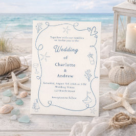 Invitación Hand drawn coastal beach dusty blue ivory wedding