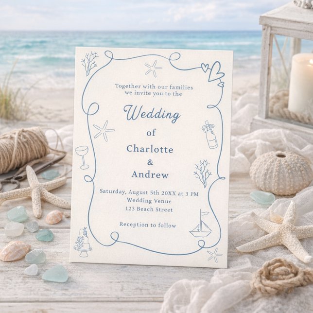 Invitación Hand drawn coastal beach dusty blue ivory wedding (Subido por el creador)
