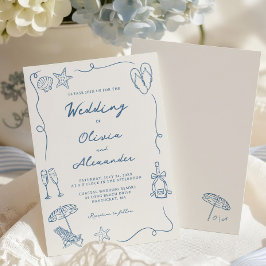 Invitación Hand Drawn Coastal Beach Dusty Blue Ivory Wedding