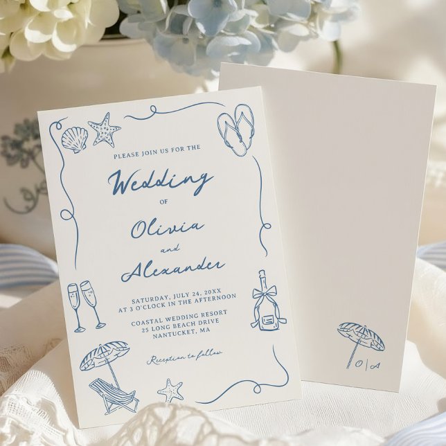 Invitación Hand Drawn Coastal Beach Dusty Blue Ivory Wedding (Subido por el creador)