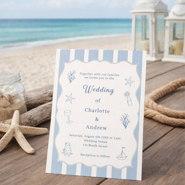Invitación Hand drawn coastal beach dusty blue ivory wedding (Subido por el creador)