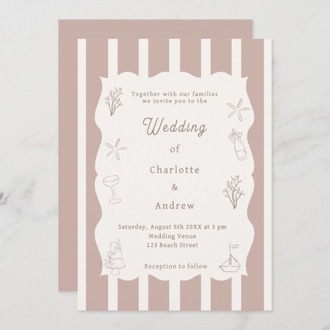 Invitación Hand drawn coastal beach ivory taupe wedding (Anverso / Reverso)
