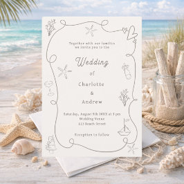 Invitación Hand drawn coastal beach taupe sand ivory wedding