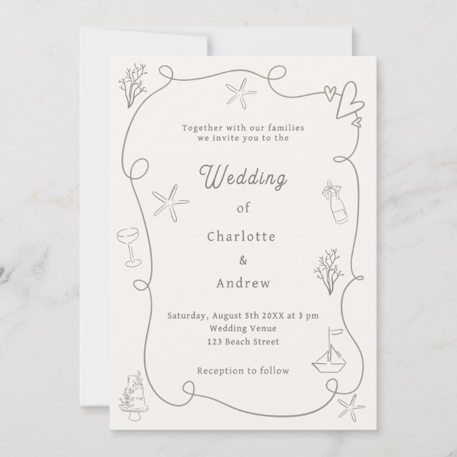 Invitación Hand drawn coastal beach taupe sand ivory wedding (Anverso)