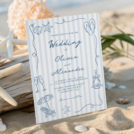 Invitación Hand Drawn Coastal Dusty Blue Beach Wedding