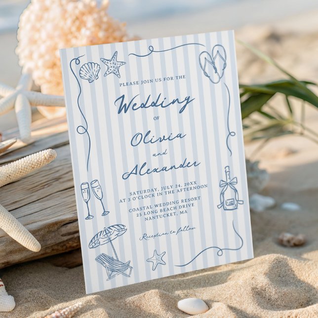 Invitación Hand Drawn Coastal Dusty Blue Beach Wedding (Subido por el creador)