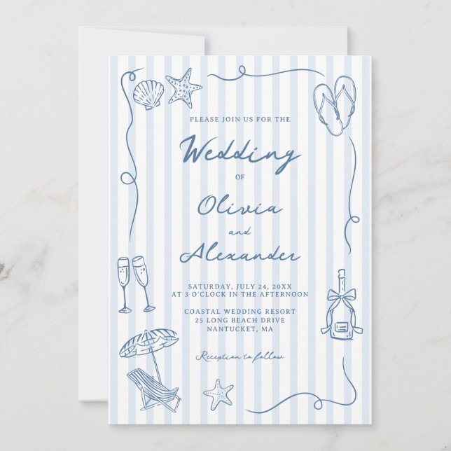 Invitación Hand Drawn Coastal Dusty Blue Beach Wedding (Anverso)