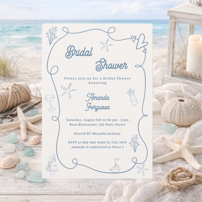 Invitación Hand drawn coastal dusty blue ivory Bridal Shower (Subido por el creador)