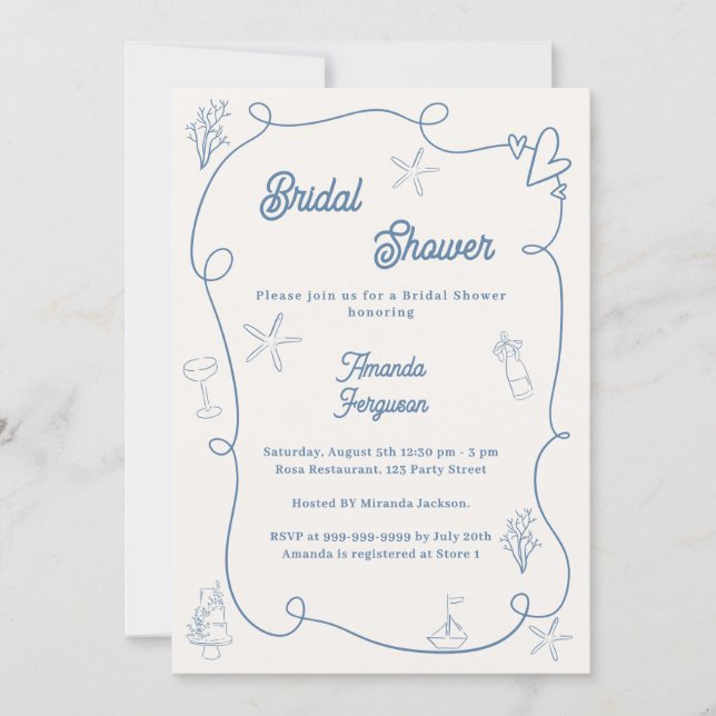 Invitación Hand drawn coastal dusty blue ivory Bridal Shower (Anverso)
