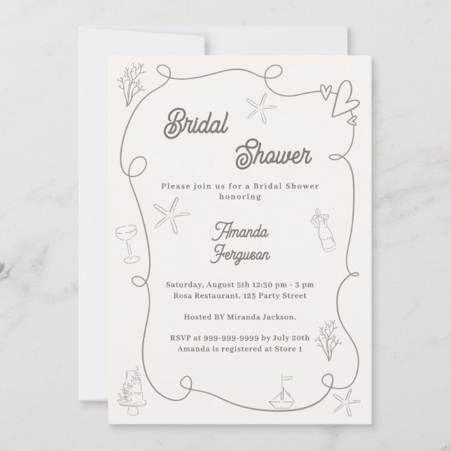 Invitación Hand drawn coastal ivory taupe sand Bridal Shower (Anverso)