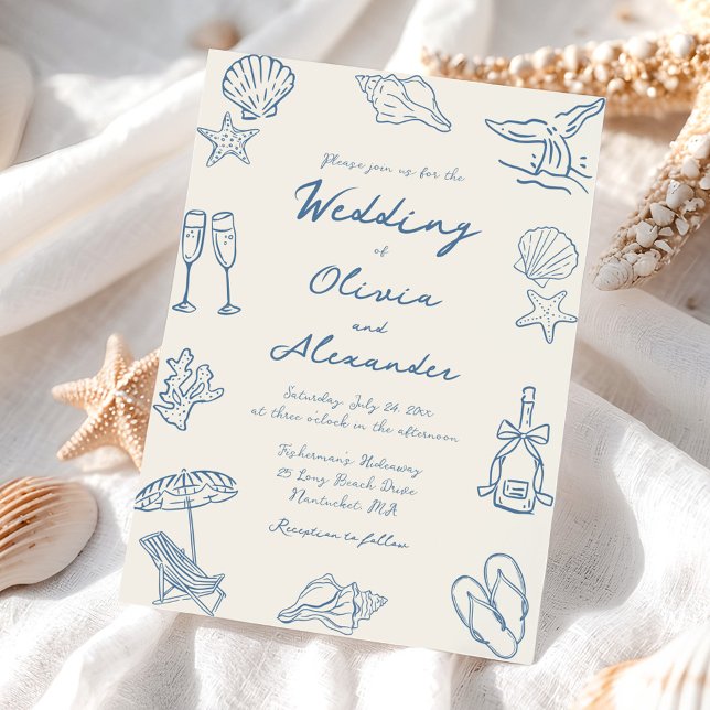 Invitación Hand Drawn Coastal Whimsical Doodle Beach Wedding (Subido por el creador)