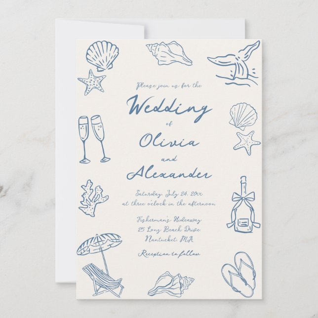 Invitación Hand Drawn Coastal Whimsical Doodle Beach Wedding (Anverso)