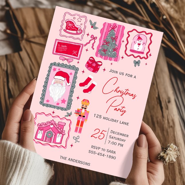 Invitación Hand Drawn coquette doodle pink christmas party (Subido por el creador)