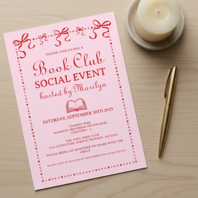 Invitación Hand Drawn Coquette Pink Red Book Club Invitation (please remove the background and create a mockup style with this invitation on a light natural wood )