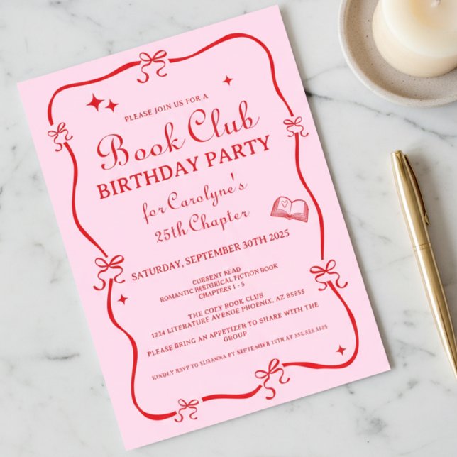 Invitación Hand Drawn Coquette Pink Red Book Club Invitation (red and pink hand drawn doodle coquette bow book club birthday new chapter invitation)