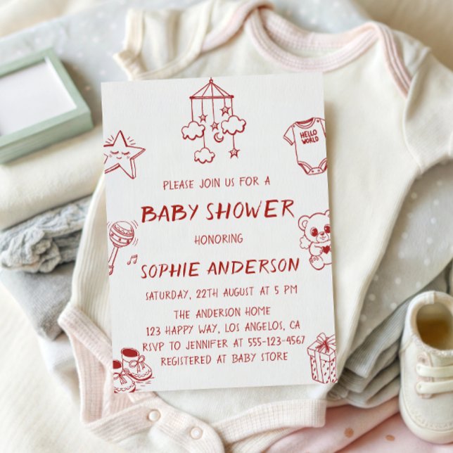 Invitación Hand Drawn Cute Red Doodle Baby Shower (Subido por el creador)