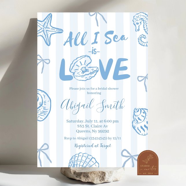 Invitación Hand Drawn Doodle Blue All I sea is love bridal (Subido por el creador)