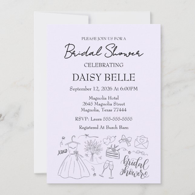 Invitación Hand Drawn Doodle Bridal Shower (Anverso)