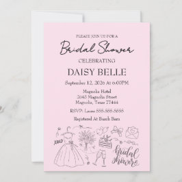 Invitación Hand Drawn Doodle Bridal Shower Pink