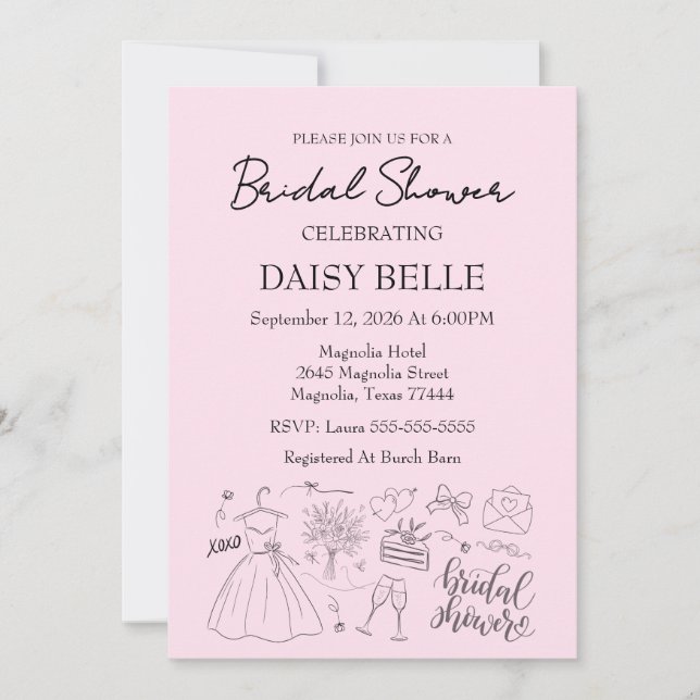 Invitación Hand Drawn Doodle Bridal Shower Pink (Anverso)