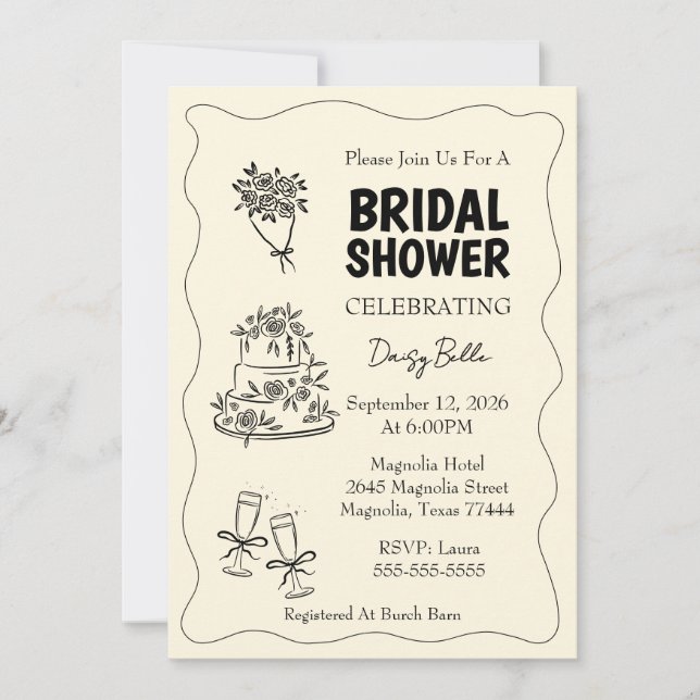Invitación Hand Drawn Doodle Bridal Shower Yellow (Anverso)