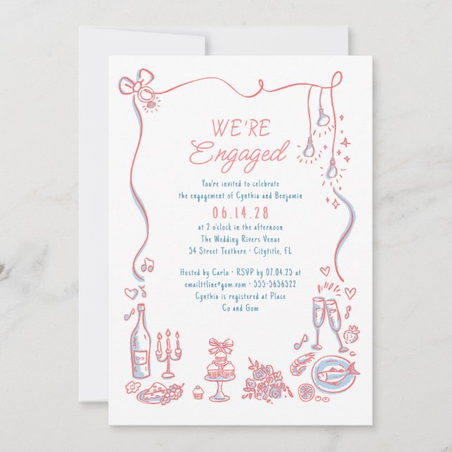Invitación Hand Drawn Doodle Funky Whimsical Engagement Party (Anverso)