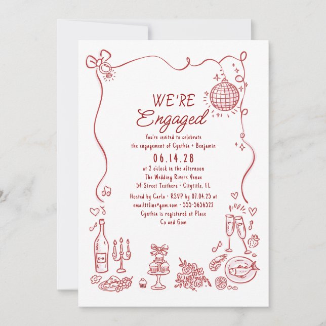 Invitación Hand Drawn Doodle Funky Whimsical Engagement Party (Anverso)