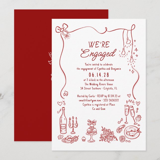 Invitación Hand Drawn Doodle Funky Whimsical Engagement Party (Anverso / Reverso)