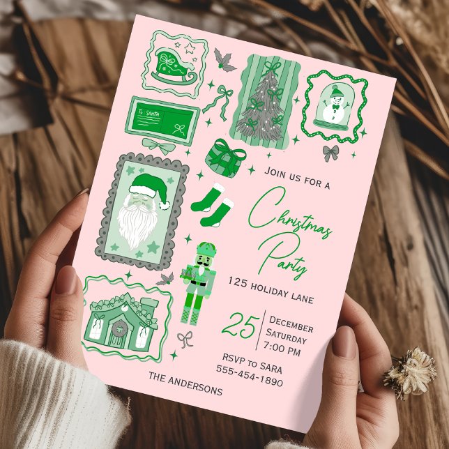 Invitación Hand Drawn doodle green pink christmas party (Subido por el creador)