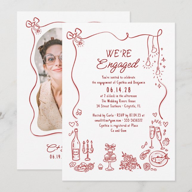 Invitación Hand Drawn Doodle Whimsical Engagement Party Photo (Anverso / Reverso)
