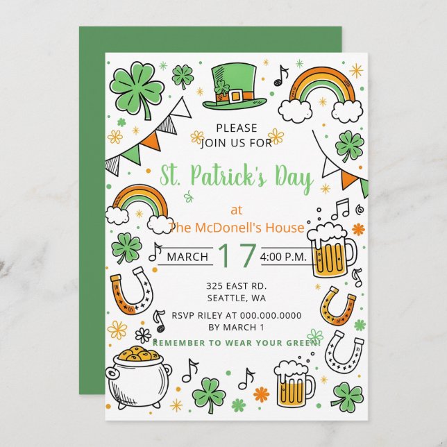 Invitación Hand Drawn Doodle Whimsical St Patricks Day  (Anverso / Reverso)