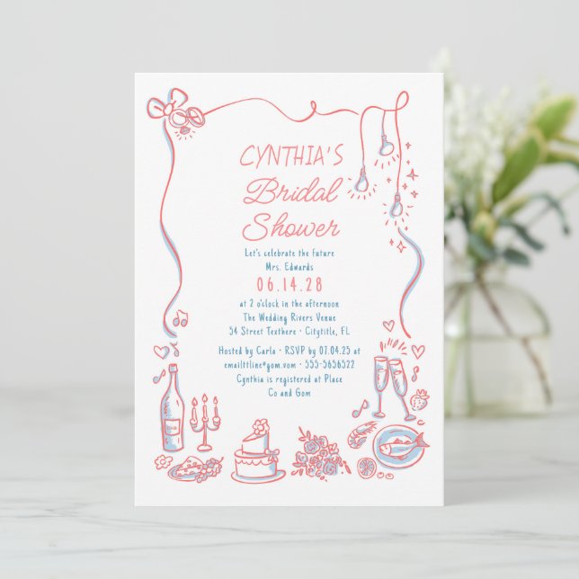 Invitación Hand Drawn Doodles Funky Whimsical Bridal Shower (Anverso de pie)