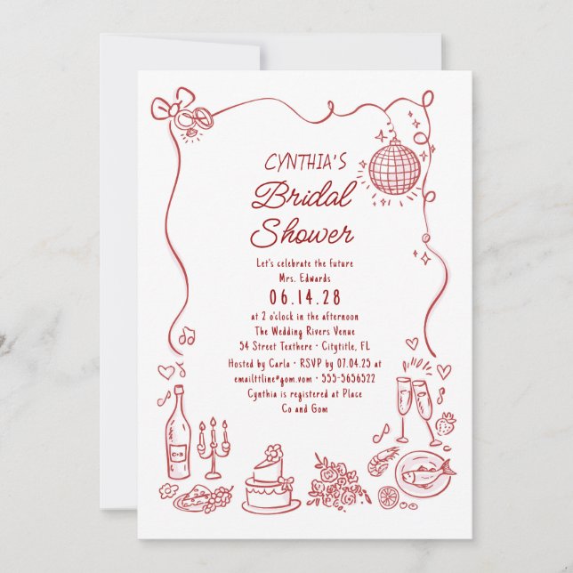 Invitación Hand Drawn Doodles Funky Whimsical Bridal Shower (Anverso)