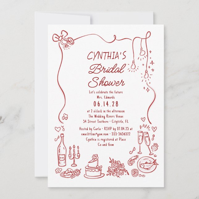 Invitación Hand Drawn Doodles Funky Whimsical Bridal Shower (Anverso)