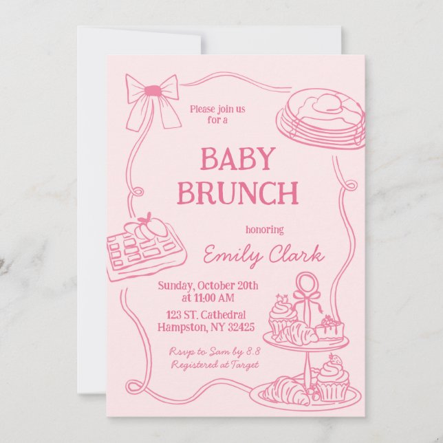 Invitación Hand Drawn Doodles Pink Baby Brunch Invitation (Anverso)