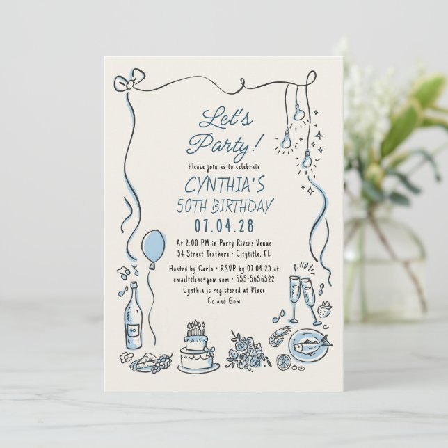Invitación Hand Drawn Doodles Whimsical Quirky Adult Birthday (Anverso de pie)